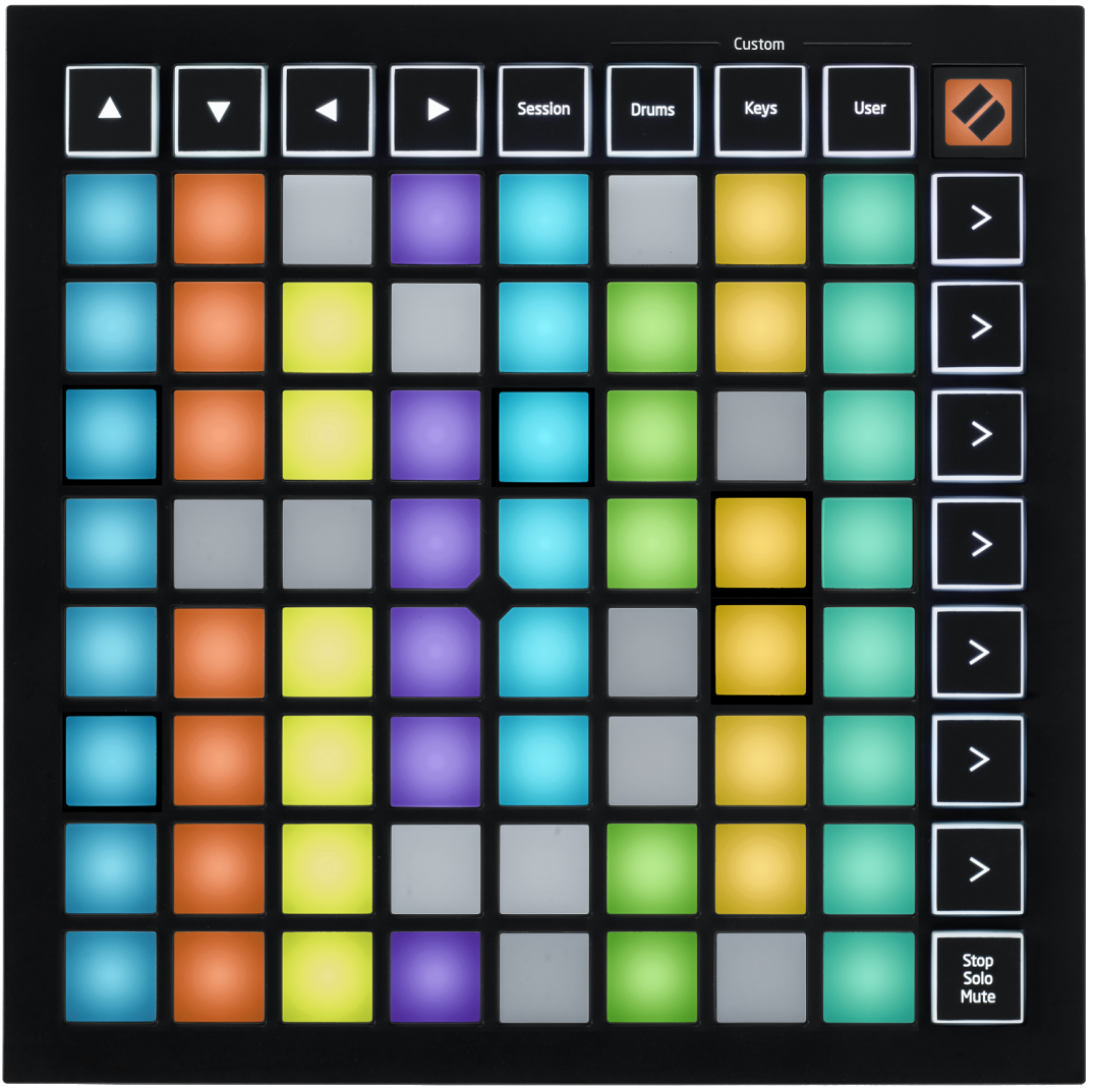 a
              product photo of the novation launchpad mini mk3. It's a
              keyboard-like device made up of a grid of translucent RGB
              squares.